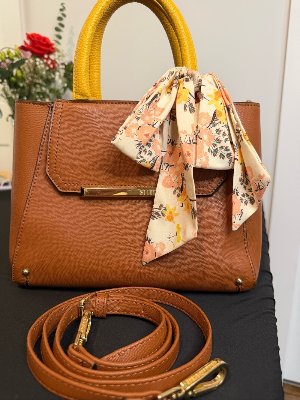 Steve Madden Tan Satchel with Yellow Top Handle and Floral Scarf - Picture 1 of 10